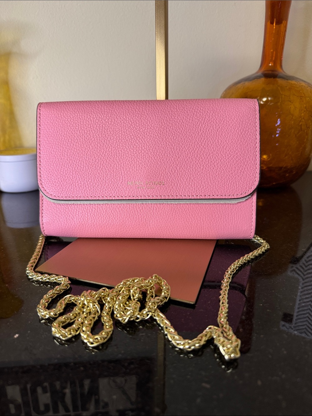 henri bendel Pink Pebbled Leather Crossbody Wallet with Gold Chain